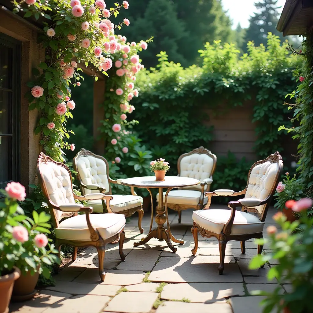 Garden patio with restored furniture at Vrozeloneph